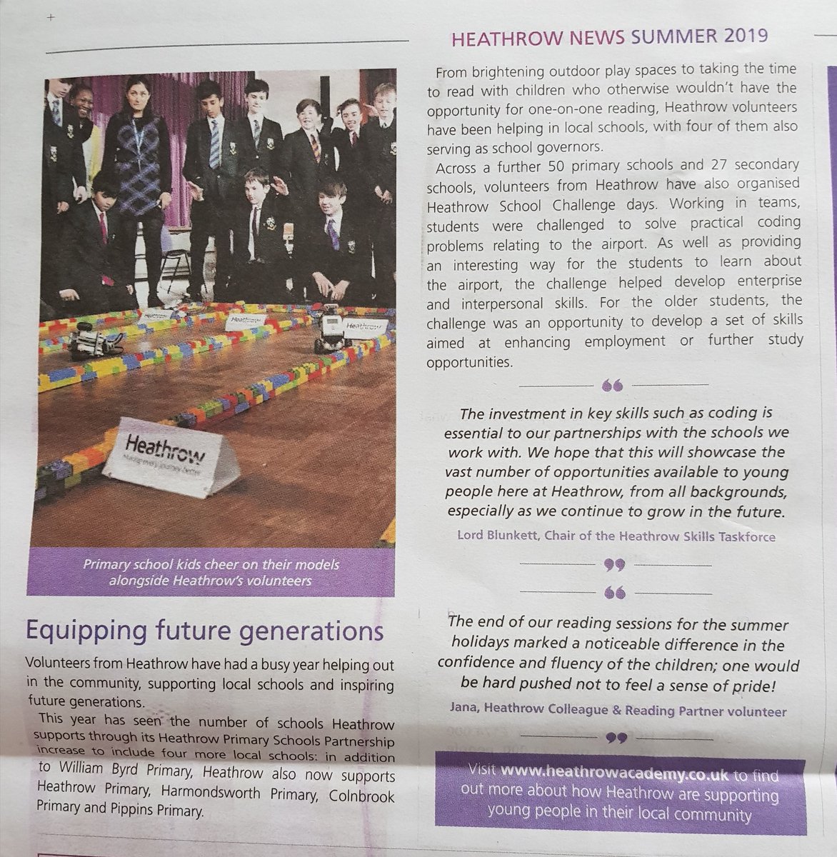 NancyLalor's tweet photo. Always a pleasure to read articles showcasing @LearningtoWork and partners bringing the world of work to life for young people. Team @yourHeathrow volunteers #makeanimpact #createcuriosity #giveback and always #makeadifference https://t.co/I3pdSGxZOo