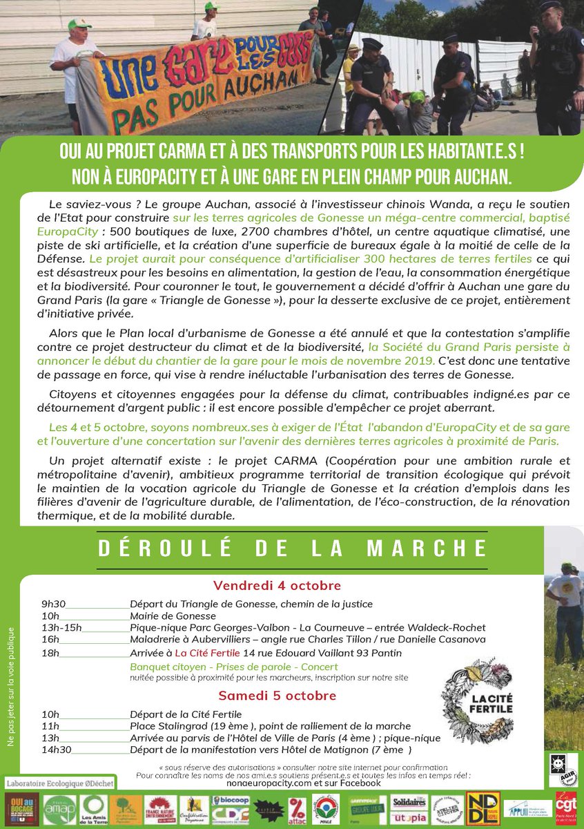 BONDYECOLOGIE's tweet photo. Pour sauver les terres fertiles de #Gonesse
Marche citoyenne de Gonesse à Matignon les 4 et 5 octobre 2019.
#Europacity https://t.co/ookujOLBpN