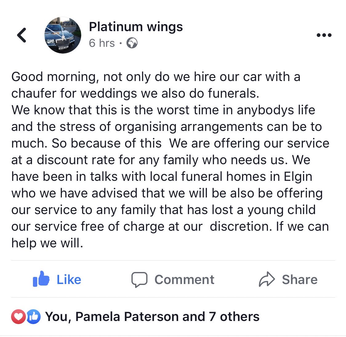 My auntie and uncle have just started up a chefur/ car hire business for weddings and funerals etc, based in Elgin if u could give it a share id really appreciate it