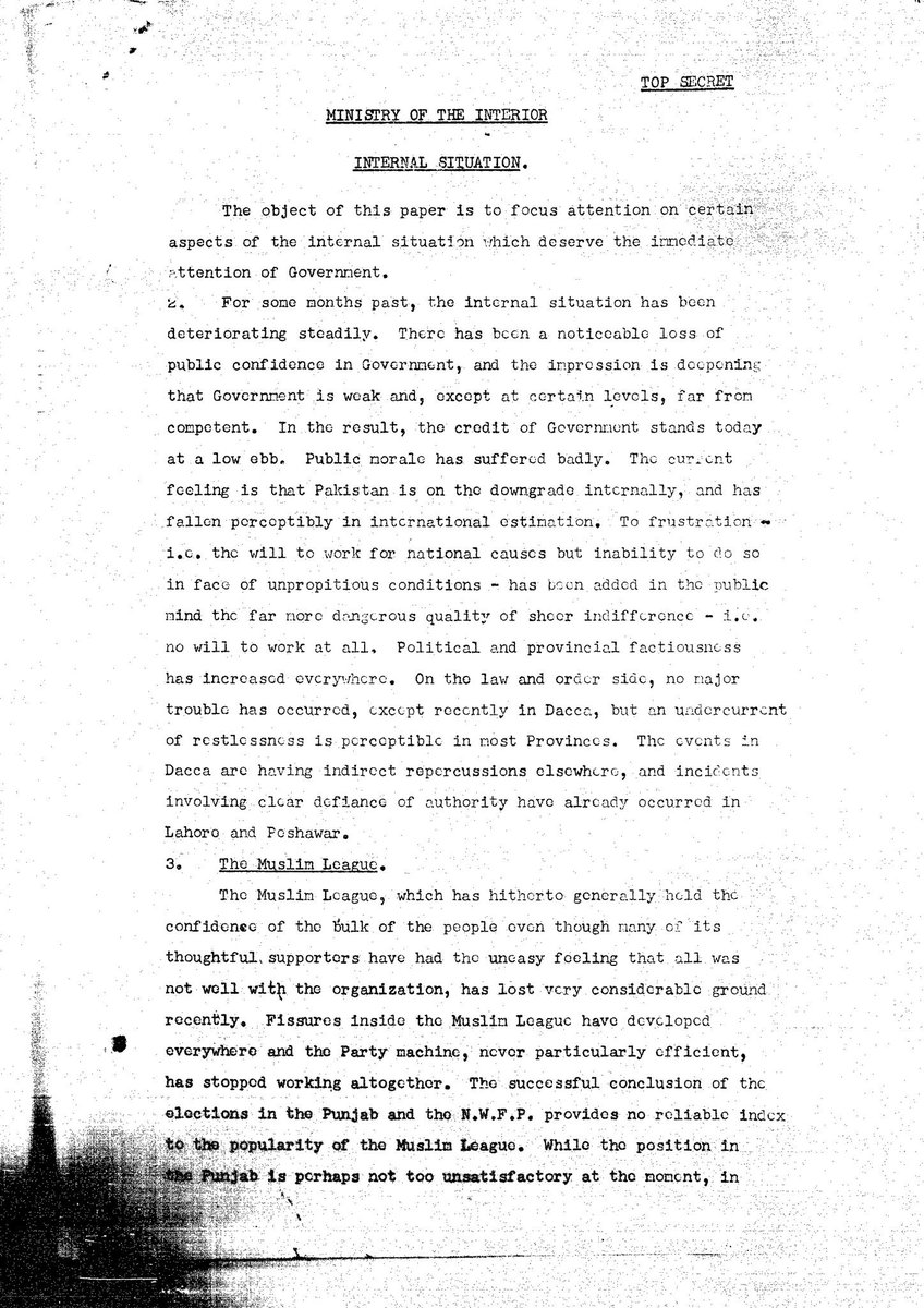 1. One of the more interesting documents I've looked at in the archives is this 'Top Secret' report on Pakistan's internal situation produced by the Interior Ministry in 1952. The document discusses several 'threats' to Pakistan's security at the time.