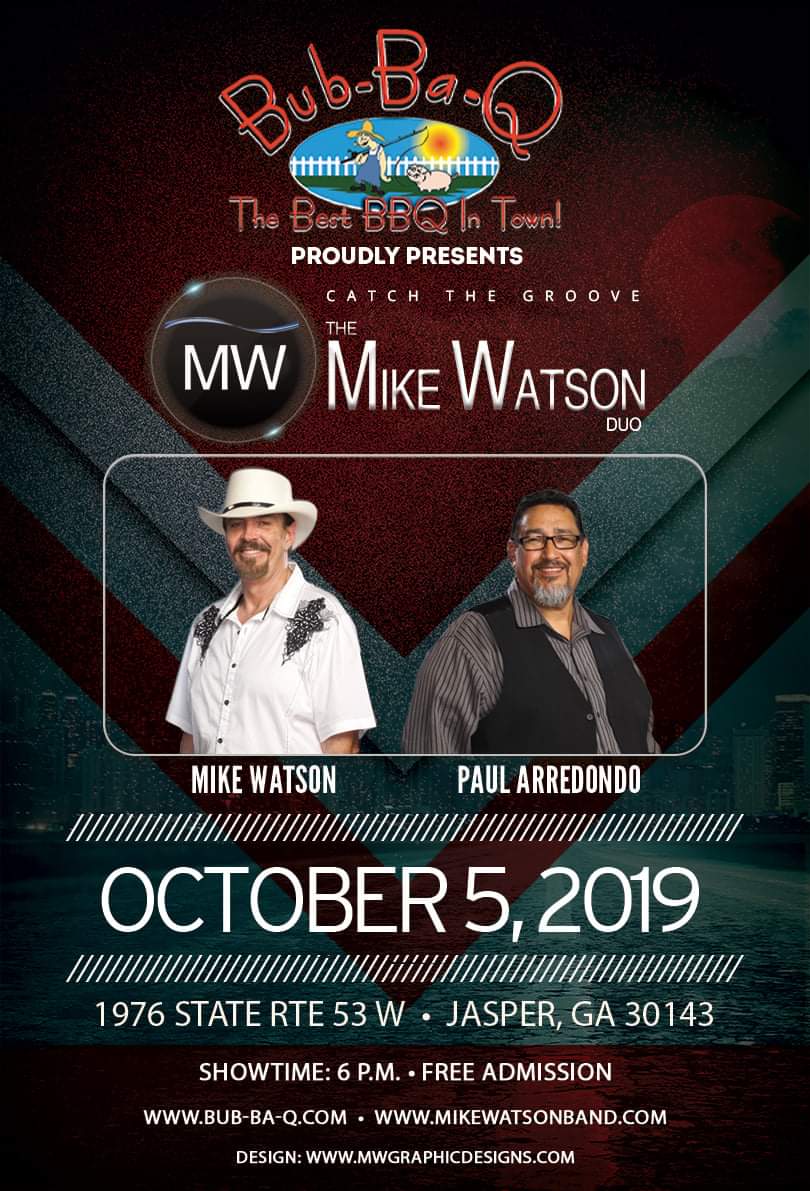 Catch the Acoustic Groove with Mike &amp; Paul at Bub-Ba-Q on Saturday, October 5th. We'll fire it up at 6 p.m., come on out, enjoy some excellent barbecue and your favorite beverages. Tell your friends and bring the bus.

1976 Highway 53 W, Jasper, GA 30143
Showtime: 6 P.M. - 9 P.M.