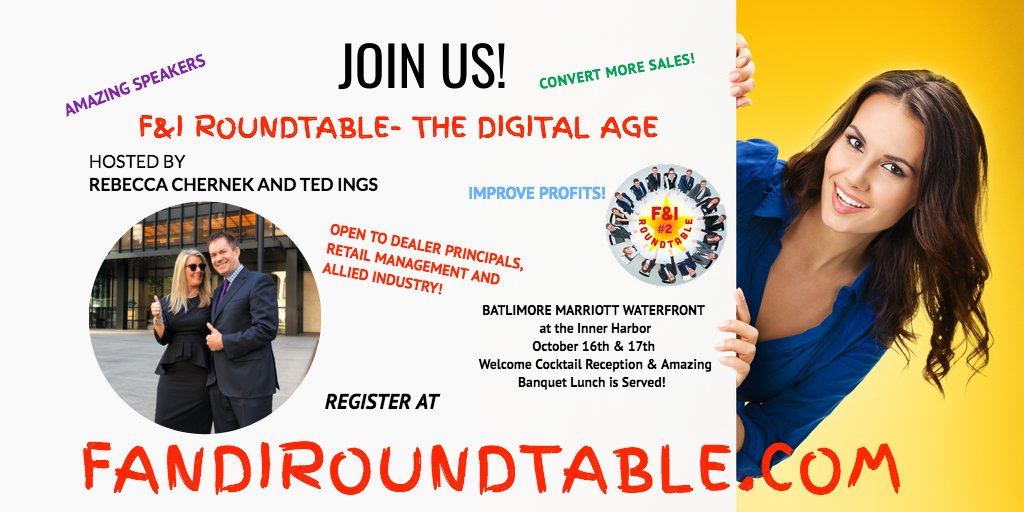 BeckyChernek's tweet photo. F&amp;I Roundtable - The Digital Age at the Baltimore Marriott Waterfront on Oct 16th &amp; 17th! Hosted by Rebecca Chernek and Ted Ings 4-Time NADA Speaker! Open to Dealer Principals, Retail Management and Allied Industry! https://t.co/S2o4z9joMJ  @TedandBecky  @CPI_Results https://t.co/jjglKRrqX4