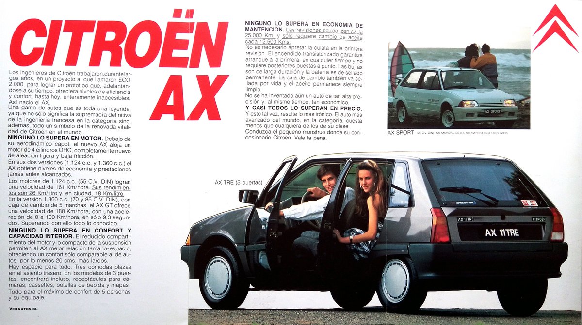 VeoAutos's tweet photo. Citroën AX Catálogo Chile Año 1989. Versiones 11 TRE, 14 TRS, GT y Sport.
+ Info https://t.co/3TmncI7Opr
@CitroenChile @Citroen #CitroenAX #CitroënAX #AXGT #AXSport #AX11TRE #AX14TRS Vía @VeoAutos https://t.co/w6tT5r2Qyv