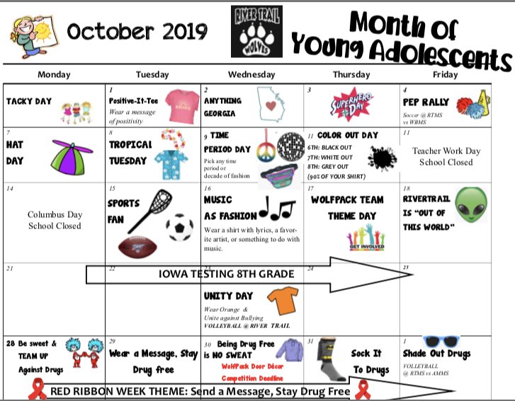 MsClaireGraff's tweet photo. Don’t forget: River Trail’s MOYA celebration kicks off with TACKY DAY on Monday, September 30th (tomorrow). #MOYA @AMLE #RTMSwolves https://t.co/OYWw0isdw9