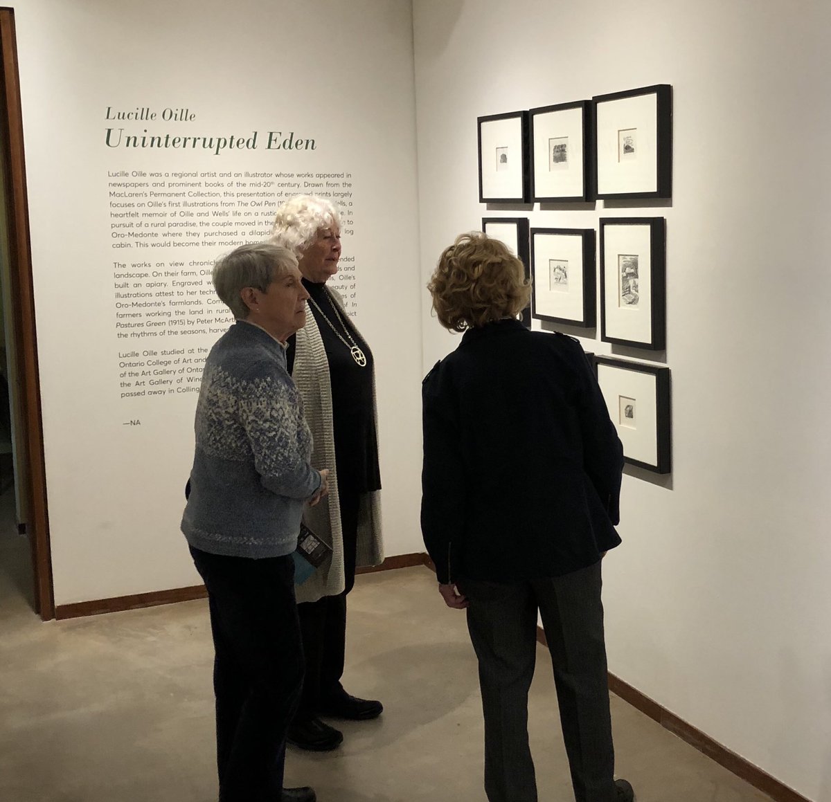 Listening to readings from the #OwlPen as part of #LucilleOille exhibit ⁦<a href="/MacLarenArt/">MacLaren Art Centre</a>⁩ - recounting life in Oro-Medonte in 1950s.  Great to see local artists so prominently displayed.