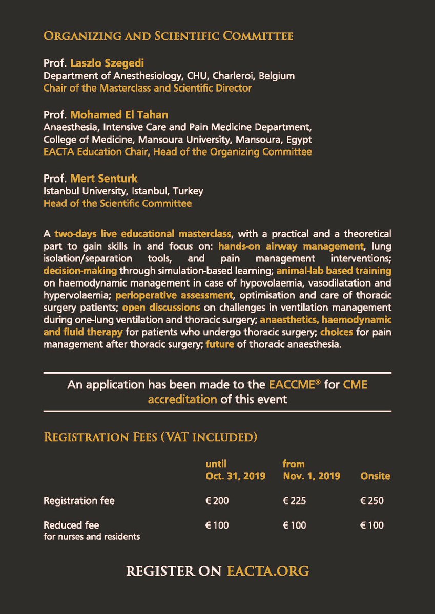 tahan_dr's tweet photo. Do not miss out to learn from keynote experts in Thoracic Anaesthesia in the upcoming #EACTA Thoracic Masterclass in Charleroi, Belgium on November 21-22, 2019
Details: https://t.co/1ik3iO57s5
Registration: https://t.co/kLbbSj69sW
 @ESA_HQ https://t.co/8DllncSCzH