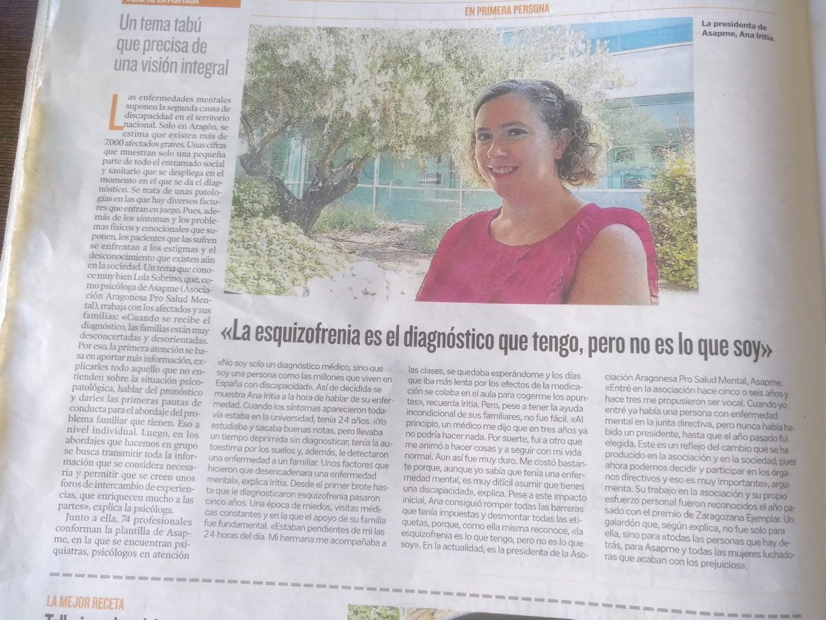 ASAPMEAragon's tweet photo. 🔊 "La esquizofrenia es el diagnostico que tengo, pero no es lo que soy", declaró @Anicacris #presidenta de la Asociación a @heraldoes en una entrevista que recoge el sentir y las reivindicaciones del colectivo al que representamos, ➡️personas que afrontan una enfermedad mental https://t.co/1lnf2DDX1w