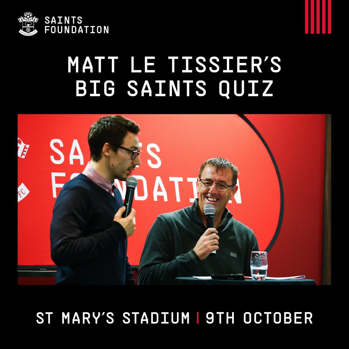 SFC_Foundation's tweet photo. NOT LONG LEFT! ⏰

Book your tickets for #BigSaintsQuiz and have the chance to personal meet and greet #SaintsFC Matt Le Tissier, whilst playing for the top prize of hospitality vs Leicester City later this month! ➡️ https://t.co/KLOg4EwFr5. 

#SaintsFoundation 🔴⚪️ https://t.co/i9uSVjcgtp