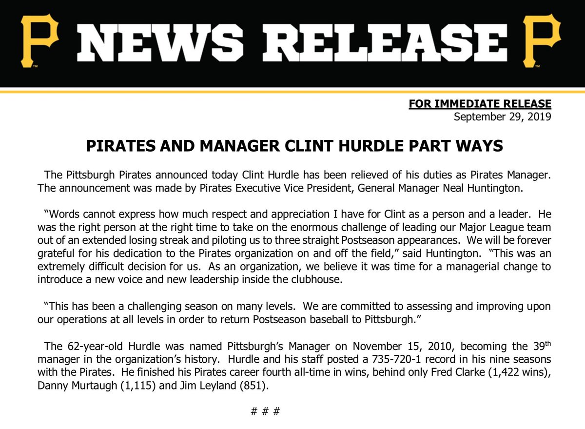 Pirates's tweet photo. Pirates announce the Club and Clint Hurdle part ways. https://t.co/TeUvUD3LK0