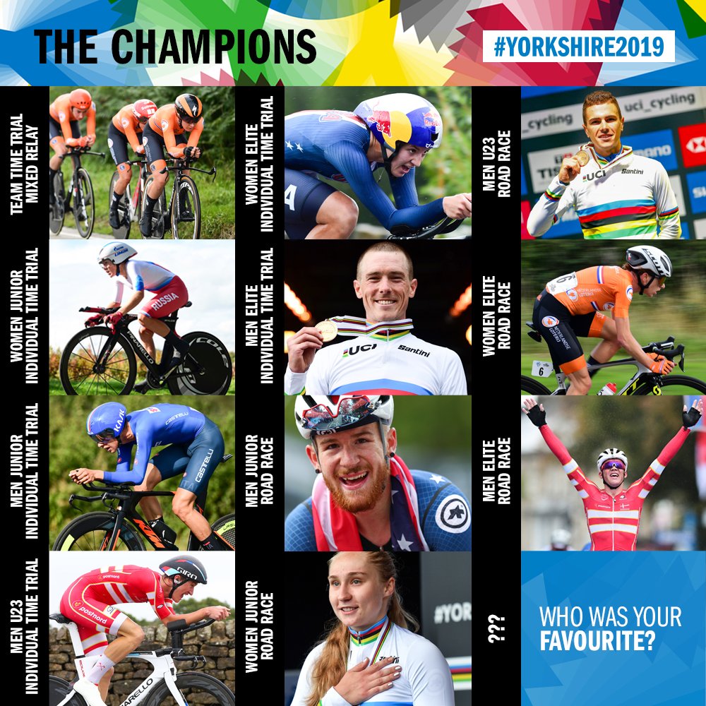 🏆 The Champions of the 2019 UCI Road World Championships in Yorkshire 🏆 

Which was your favourite performance from the last 8 days?

#Yorkshire2019