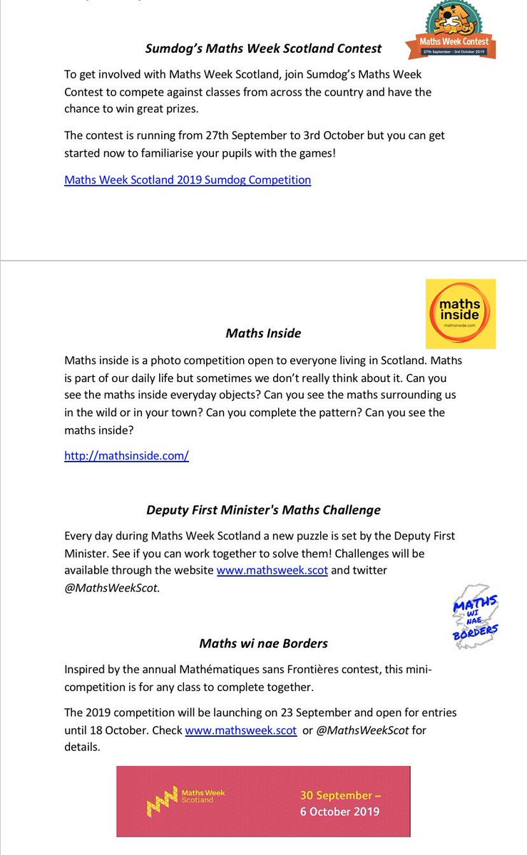National competitions and challenges from @sumdog, @MathsWNBorders, @mathsinside, @cdmasterworks and Deputy First Minister @JohnSwinney through the @mathsweekscot website. More details here 👇🏼