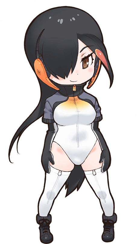 kemofure_bot's tweet image. King Penguin

King Penguin has long black hair, with the right side of their bangs ending with a red detail. Like the other penguins, she wears headphones, hers being pointed and orange.