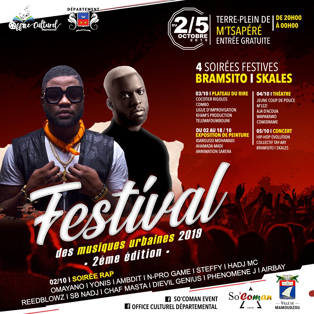 SoComanEvent's tweet photo. Hello les So'suiveurs! On a l'immense plaisir de vous présenté la 2éme edition des musiques urbaine de Mayotte organisé par L'office Culturel departemental et le conseil départemental de Mayotte! 
Êtes vous prêt pour ce qui arrive?🔥🔥🔥
#FMU2019 #SoComanEvent https://t.co/8EUlkEVOpk