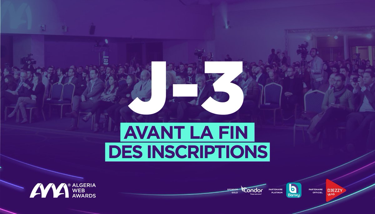 Il ne reste plus que 3 jours avant la fermeture des inscriptions, n'oubliez pas de remplir le formulaire dans le lien. Bonne chance à tous! ;) 
لا يتبقى سوى 3 أيام قبل إغلاق التسجيلات، سارع بالتسجيل عبرالرابط.
حظ موفق للجميع ;) 😄 
Lien : forms.gle/F7Gk72FFNRtqVz…
#dzWebAwards