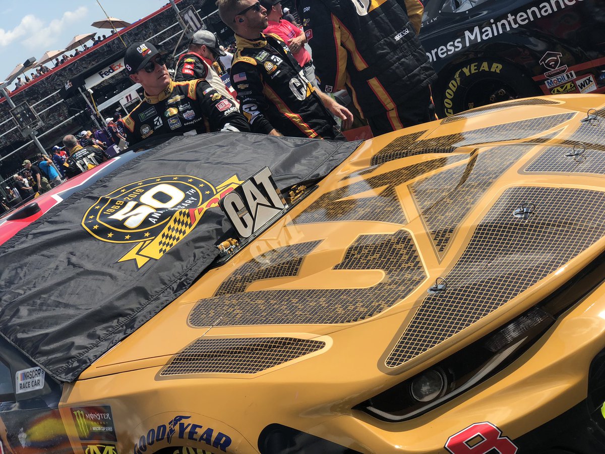 .@DanielHemric climbs in the No. 8 @CaterpillarInc Next Gen Excavators Chevrolet before the command to fire engines for today’s #Roval race at @CLTMotorSpdwy. #CatRacing | #LetsGoCheckers