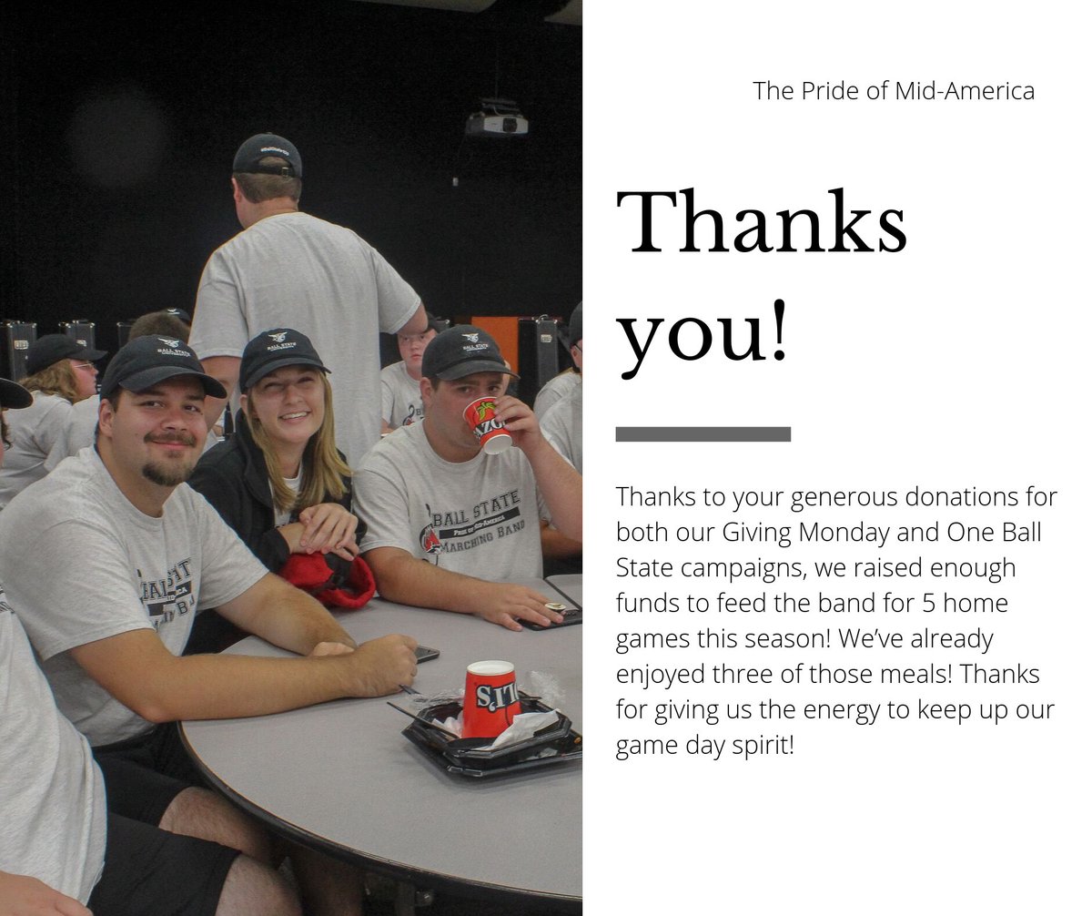 ballstatepoma's tweet photo. Thanks to all our donors for the 2018 #GivingMonday and 2019 #OneBallState campaigns! You’ve helped to #fuelthePride this season!!! https://t.co/JPj7N7B9yD