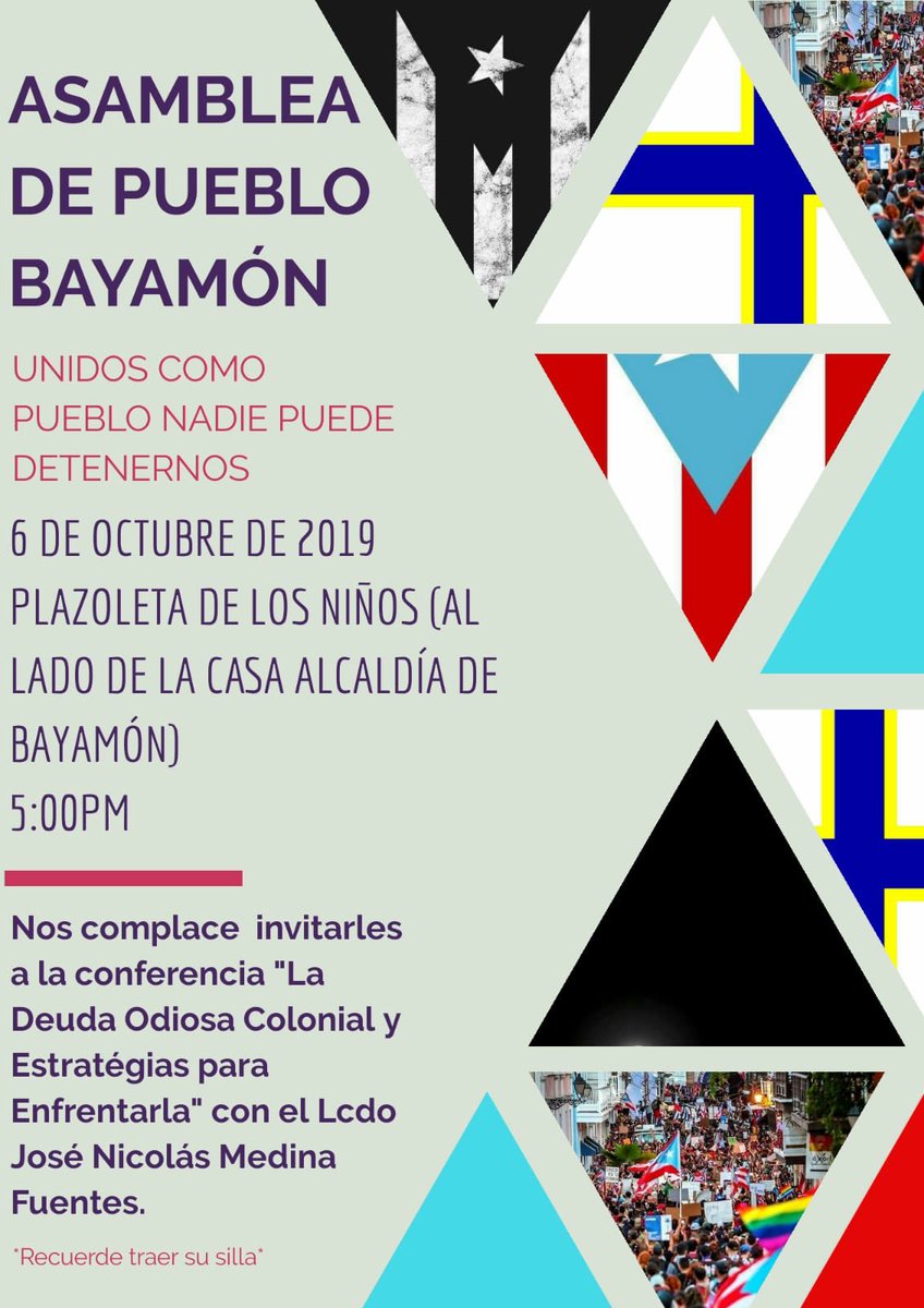 JuntesPR's tweet photo. “Asamblea de pueblo: Bayamón”
domingo, 6 de octubre
5:00pm
Plazoleta de los niños, al lado de la alcaldía de Bayamón
*recuerde llevar silla
#JuntesPR #AsambleaDePueblo https://t.co/5HepesMcDf