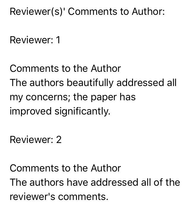 I’ve never had such a lovely review to my resubmission! 

Thanks #Reviewer1 and #Reviewer2 !

You’ve restored my faith in my work! 

@AcademicChatter #AcademicTwitter #sciencetwitter #alcoholresearch