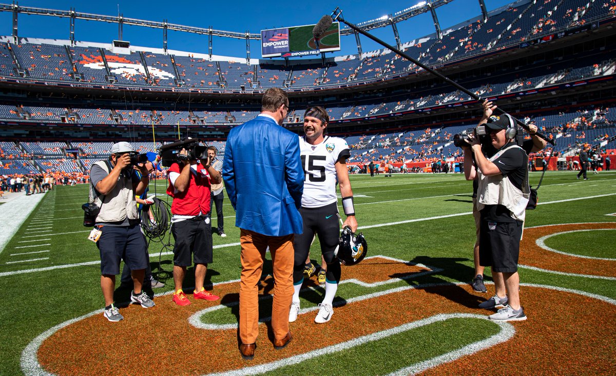 Meeting an idol. Jacksonville Jaguars quarterback Gardner Minshew (15) shakes hands with retired Broncos quarterback Peyton Manning during warm ups Sunday, Sept. 29, 2019, at Empower Field at Mile High in Denver, Colo. <a href="/csgazette/">The Gazette</a> <a href="/CSGazetteSports/">Gazette Sports</a> #denverbroncos