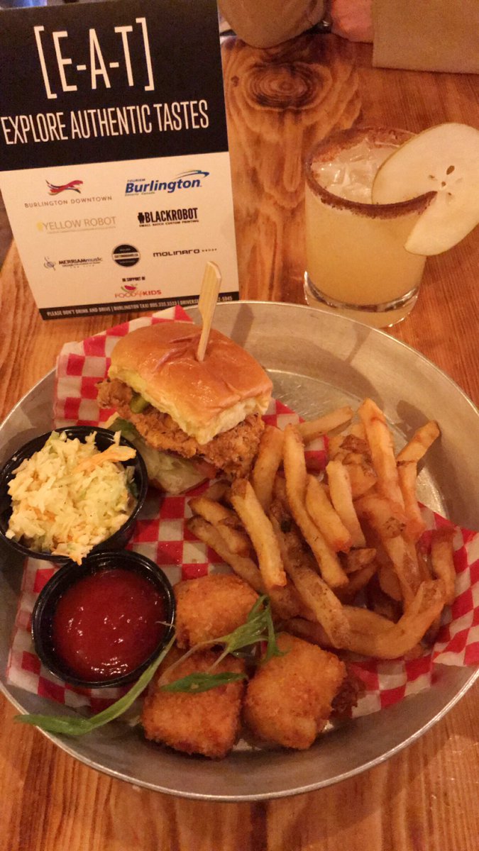 EATBurlON's tweet photo. Pear margarita and an AMAZING sampling plate with fried chicken slider and fried mac &amp; cheese bites at the @TheCoopOntario #BurlOn #LetsEat #EAT2019 🍐 https://t.co/DmewVChmBK