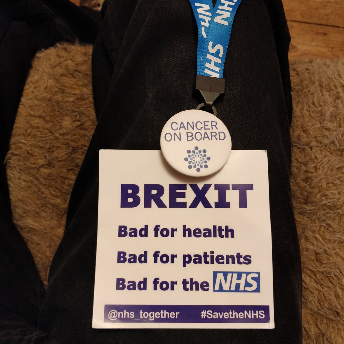 Went on a march today with my <a href="/EUflagmafia/">EU Flag Mafia 3.5% 🇺🇦</a> brolly. Picked up some <a href="/nhs_together/">NHS Together</a> spoils en route which I was keen to show off. Lanyards and badges blow about especially in bad weather, but fortunately I had my Cancer On Board badge to pin the message front and centre.