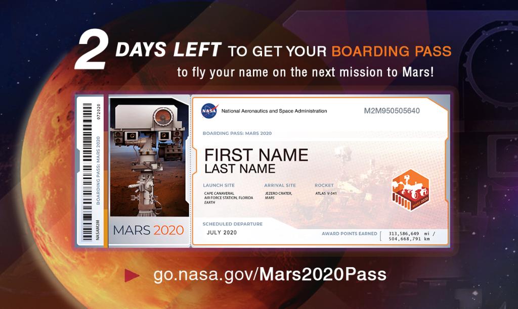 NASA's tweet photo. Come along and ride on a fantastic voyage! 🚀

Our #Mars2020 Rover is gearing up for its seven-month journey to the Red Planet and you can send your name along for the ride. Get your boarding pass before 11:59pm ET on Sept. 30: https://t.co/mX7bZ5Ev6g https://t.co/iREOx121pQ