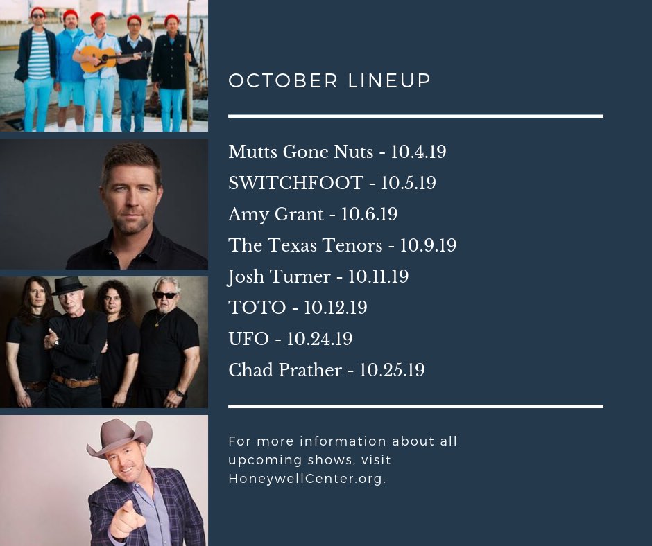 HoneywellArts's tweet image. Happy Sunday! Can you believe October is almost here? Here's our October line up. 🎃 Visit our website for the full list of upcoming shows: HoneywellCenter.org