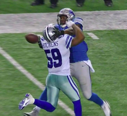 kellierowe's tweet photo. missed it during the game, but Anthony Hitchens, who wasn't called today for this, was the same guy originally called for PI on Pettigrew in the 2014 playoff game - until the flag was inexplicably picked up. h/t @DetvrsEverybody https://t.co/2sY477IKrm