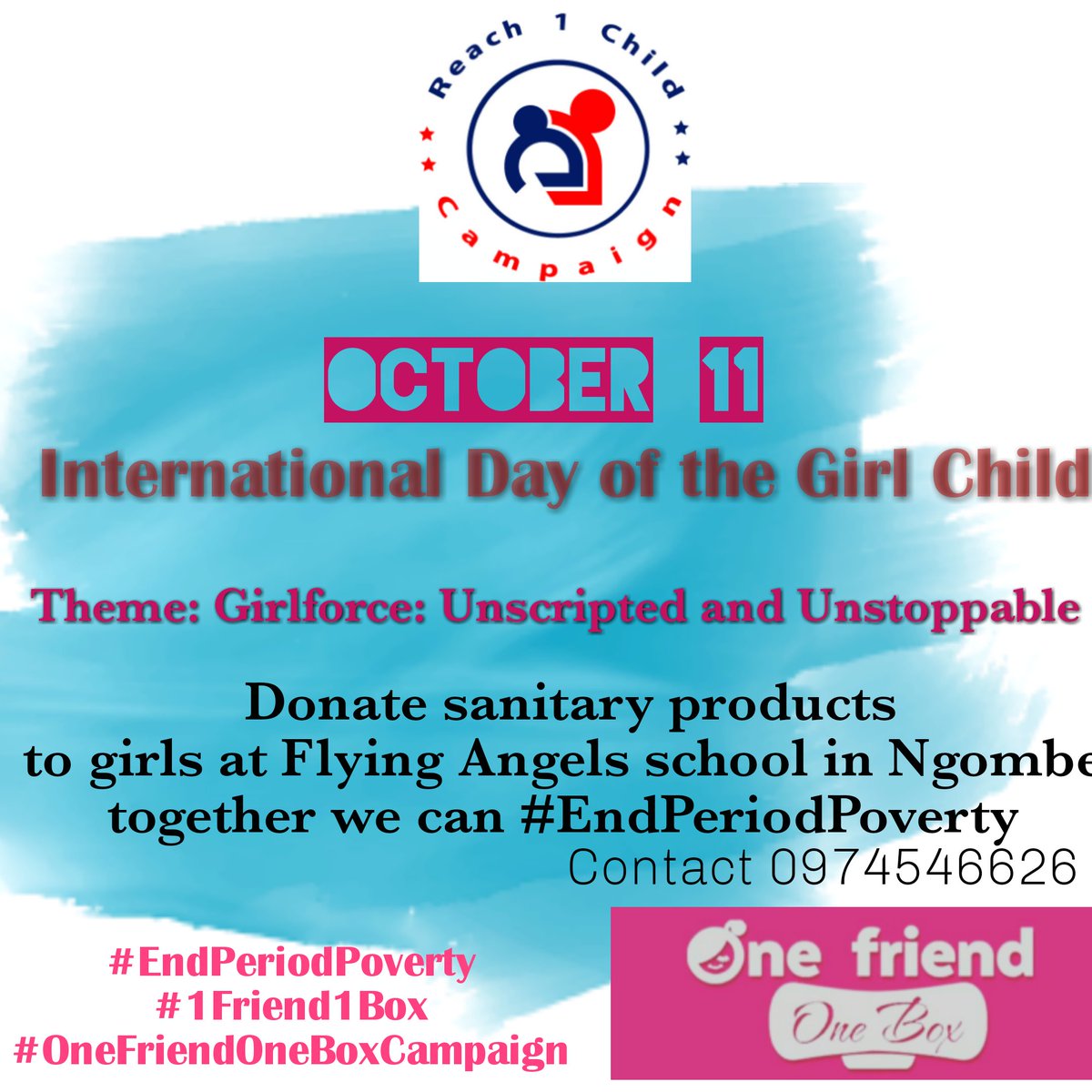 ChibweLumpa's tweet photo. Here is an opportunity to help vulnerable girls in Ngombe with sanitary products #IDG2019 #EndPeriodPoverty #1Friend1Box #menstruationMatters @NgosaSandra @mubangalumpa @pulkechil https://t.co/fsJLfWadbD