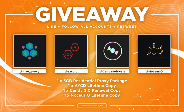 aycdio's tweet image. 🎉 GIVEAWAY 🎉

Rules: 
Like ❤️
Follow @hive_proxy @aycdio @CandySoftware @NoceurIO 
RT 🔂

Prizes:
1x 5GB Proxy Pack
1x AYCD Lifetime 
1x Candypreme 2.0 Renewal
1x NoceurIO Lifetime Copy

Ends in 24 hours! Good luck 👀