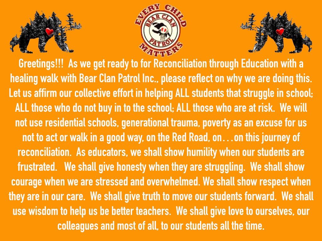 LeanneSmithK's tweet image. Reconciliation Through Education Walk with the Bear Clan Sept. 30th! All are welcome! Details posted below. Message me if you would like more detes. @RETSDschools #OrangeShirtDay2019 #ReconciliAction #educatorsforchange