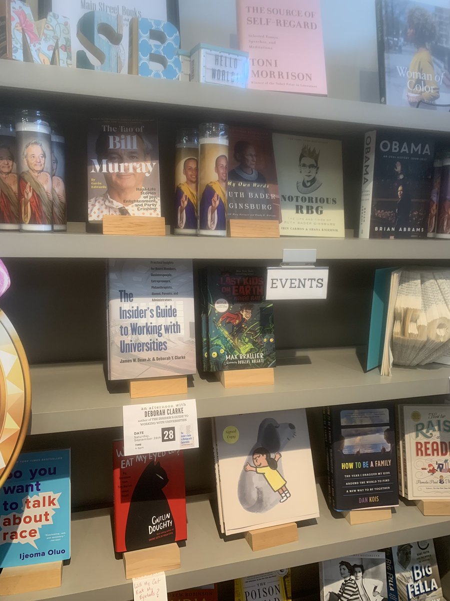 My life is complete: #insidersguidetoworkingwithuniversities is for sale with books and prayers candles about @StephenCurry30 #ruthbaderginsberg and #billmurray in Davidson @mainstbooksdav 💯