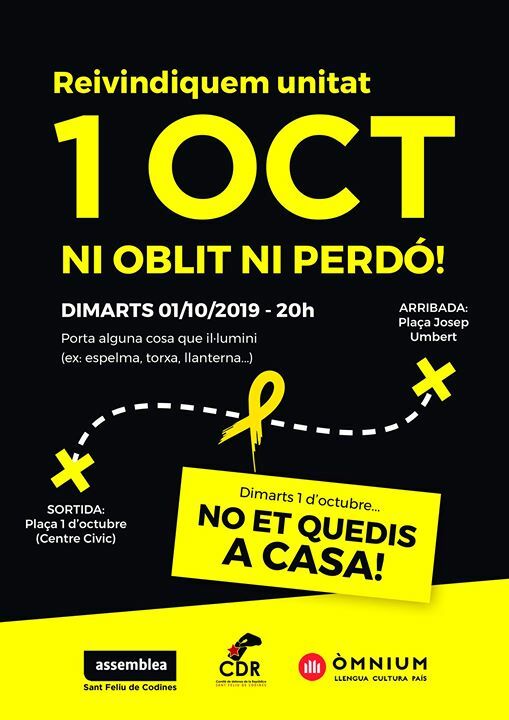 Dimarts 1 d'octubre NO ET QUEDIS A CASA! 
Vam votar i vam guanyar! Defensem el nostre vot, la nostra gent i el nostre país!

A les 20h a la Plaça 1 d'octubre (Centre Cívic).
PERSISTIREM!