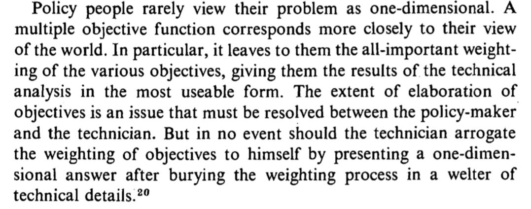 15/As detailed by Banzhaf  https://www.jstor.org/stable/27647862 , environmental econs & all those using cost-benefit analysis scratched their head over the sets of weights to use. “In no event should the technician arrogate the weighting of objectives to himself," Eckstein warned in 1961