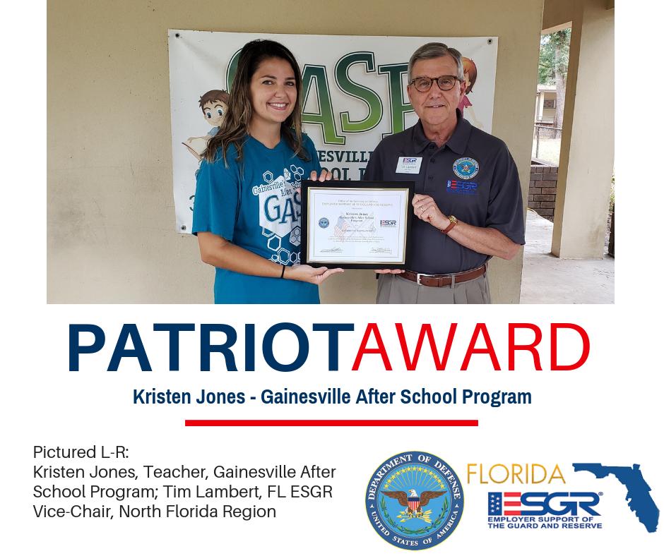 FL_ESGR's tweet image. #PatrioticEmployer Kristen Jones of Gainesville After School Program (GASP) received the @DeptofDefense Patriot Award for her exceptional support of the members of the #GuardReserves employed by the organization. Award requested by SPC Floyd Settmaw, Florida Army National Guard