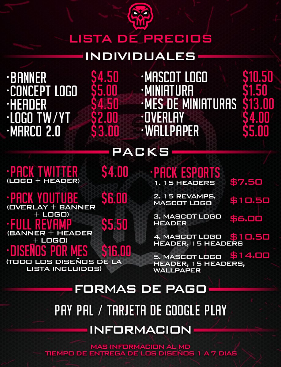 StarLordCR_'s tweet photo. Busco equipo o organización para trabajar como diseñador.

En la lista de precios estan los precios individuales y los precios mensuales.

Si estan interesados y gustan ver mi portafolio, envíen MD.

Agradezco su RT🔃 https://t.co/Ftr0vXKCyt