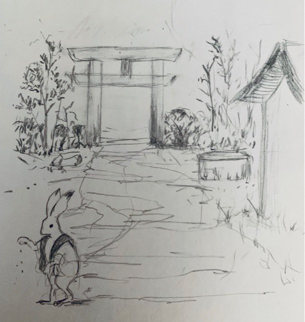 Ametuchi 一昨日見た夢をイラスト にしてみた 30分ほど 兎の神社にお参りする夢 手前に建物みたいなのがあったんだけど ぼんやりしていて思い出せない 兎の神主さん が何かを蒔いていた 鉛筆画 オリジナルイラスト 絵描きさんと繋がりたい