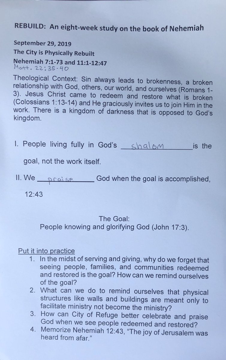 CityofRefugeHTX's tweet image. We cannot get so caught up in ministry work that things like serving and giving become the goal. The goal is ministry redeeming people to Christ. This week, how will you remind yourself of the value of seeing people restored to God? 

#ChurchNotes #Redemption