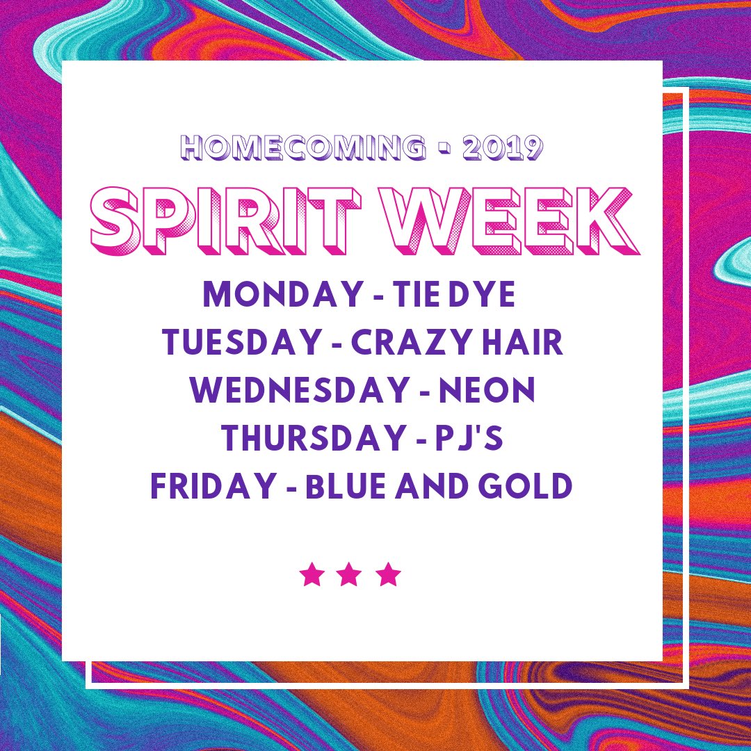 It’s homecoming weeeeeeeeek!!!! Everyone wear your most colorful tie-dye outfits tomorrow to kick off spirit week🥳