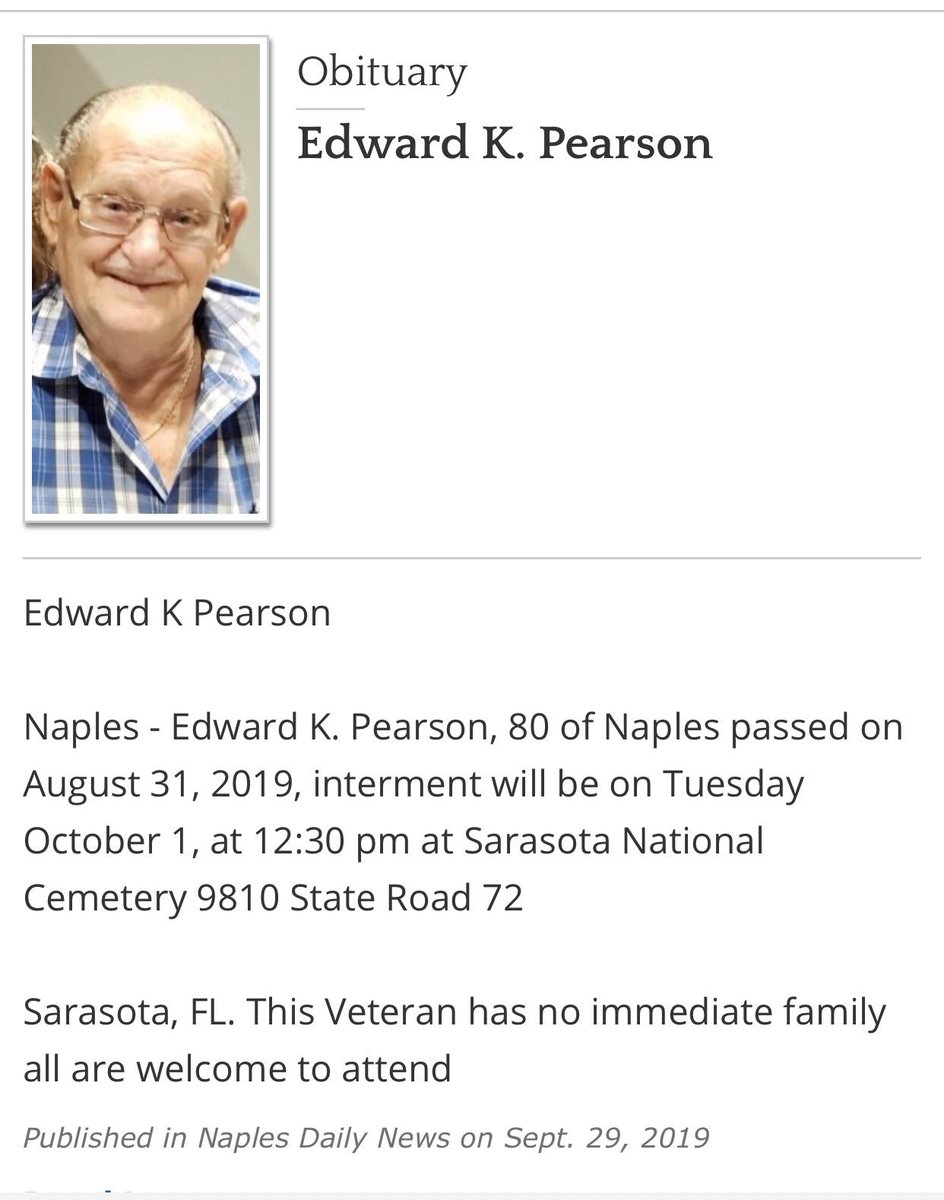 tvjanet's tweet photo. Anybody available in #Sarasota to attend a funeral for a #veteran on Oct 1 ? 🇺🇸🇺🇸🇺🇸 #SRQ https://t.co/TNVOJ6L05d