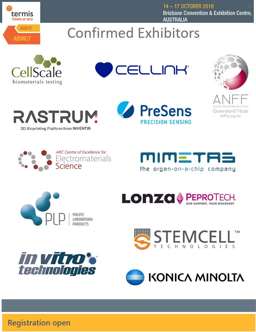 @TermisAp is pleased to welcome on board In Vitro Technologies, <a href="/STEMCELLTech/">STEMCELL Technologies</a> &amp; <a href="/KonicaMinoltaAu/">Konica Minolta</a> as exhibitors, joining #ANFF, <a href="/CELLINK3D/">CELLINK</a>, <a href="/CellScale/">CellScale Biomaterials Testing</a>, <a href="/InventiaLifeSci/">Inventia Life Science</a>, <a href="/LonzaGroup/">Lonza</a> @Mimetas_3D, <a href="/PacificLabP/">Pacific Laboratory Products</a>, PreSens Precision Sensing #PreSens &amp; <a href="/UOW/">UOW</a>  <a href="/TRICEP_AU/">TRICEP</a>.
