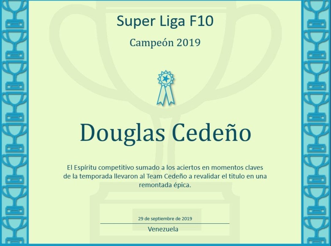SuperLigaFVe's tweet photo. La Super Liga Fantasy Venezuela felicita al campeón de la #SLF10 @djcb0000 quien logró el título en la última semana consumando una remontada épica. Hombre de béisbol con gran capacidad a la hora de llevar a cabo estrategias ¡Felicitaciones!
Campeón 🏆🏆🏆🏆 https://t.co/TEglCDS7Xh
