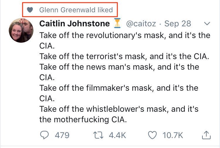 The person liking this infantile screech from a zany astrologer is  @theintercept co-founder,  @democracynow-mainstay, Tucker Carlson-BFF, and  @pierre's own Glenn Greenwald.