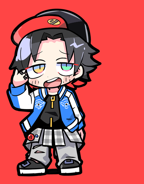 1boy male focus mole under mouth hat jacket chibi red background  illustration images