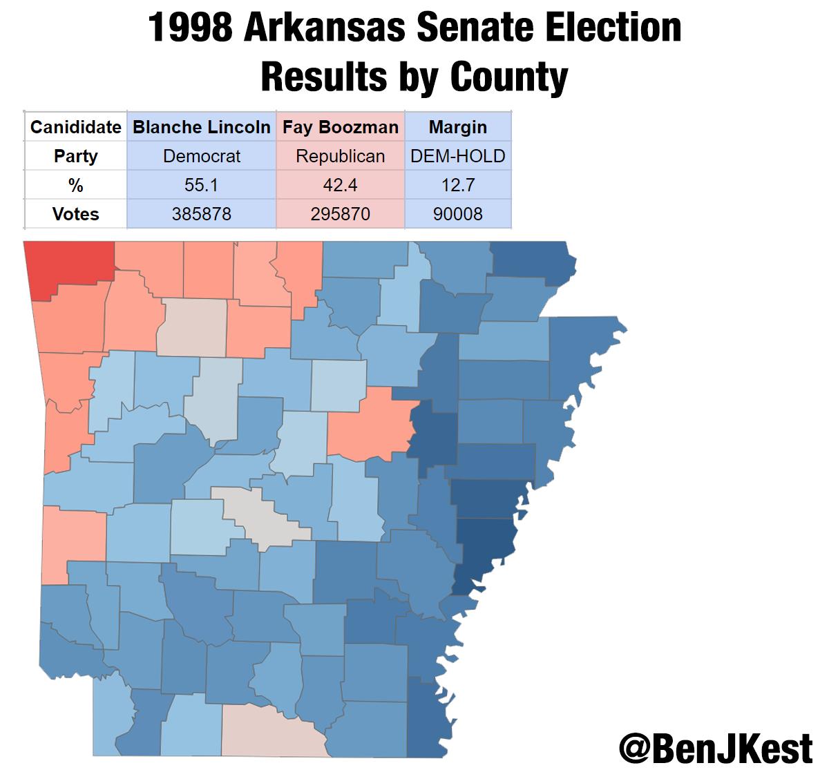 Happy Birthday to former senator Blanche Lincoln(D-AR). Here is map of her 1998 election to the Senate. 