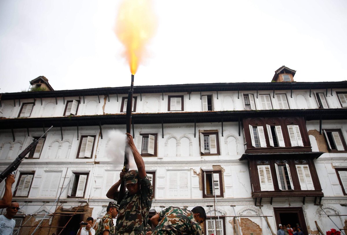 A Nepalese Army soldier fires a shot on Ghatasthapana, to commence the start of Dashain festival, the greatest and longest festival of Nepalese people in Kathmandu, Nepal on Sunday, September 29, 2019.