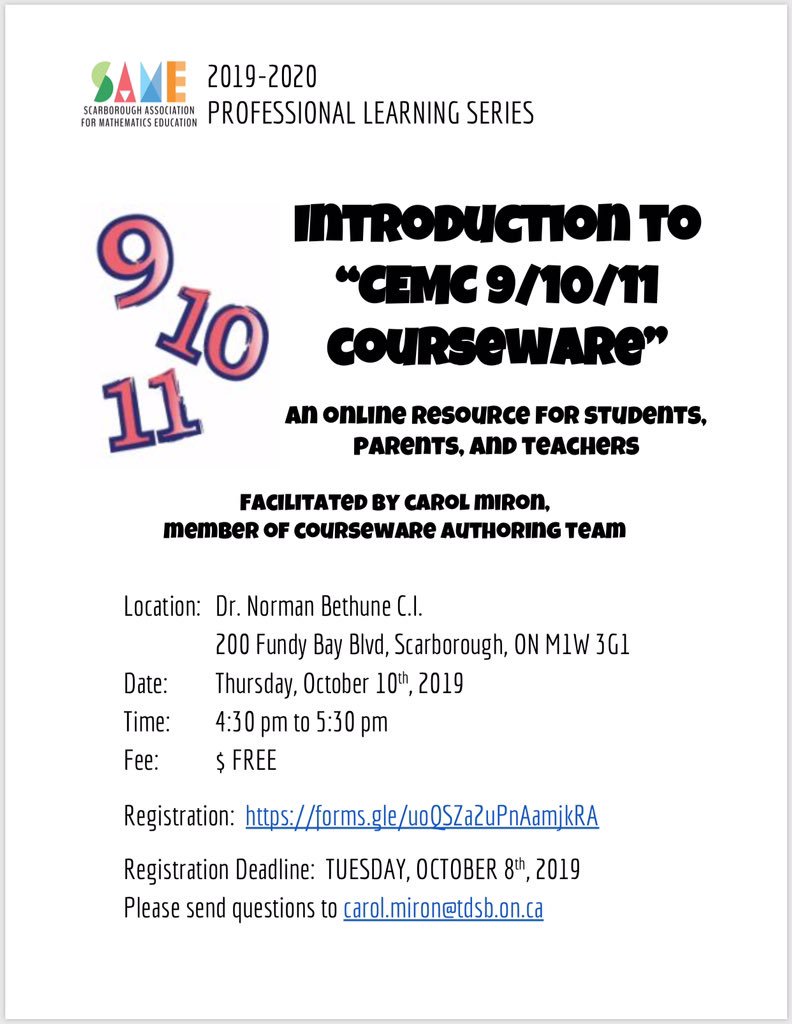 SAME_OAME's tweet photo. Join us for a fantastic professional learning opportunity for Secondary Teachers: Introduction to “CEMC 9/10/11 Courseware”, an Online resource for students, parents, and teachers.
Thursday, October 10t​h​, 2019
4:30 pm to 5:30 pm
Registration: ​https://t.co/tzdo4mQmoC https://t.co/sz9ySC1moz
