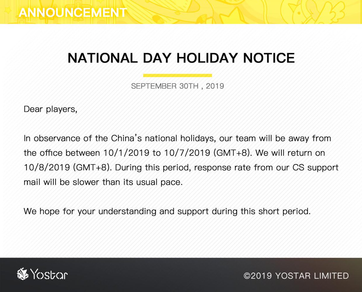 Yostargames Dear Players Please Note The National Day Holiday Notice As Below Thank You For Your Understanding And Support Yostar T Co X3bexfwjpm