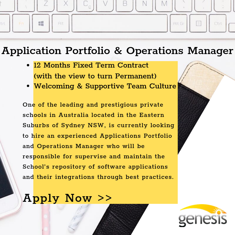 GenesisRecruit's tweet photo. We're excited to be working in partnership with one of the leading private schools in #Australia located in Sydney's #EasternSuburbs, who are currently looking to #hire an experienced #Applications Portfolio &amp; #Operations Manager! Apply here: https://t.co/rCsLbme4SV | #Sydney #IT https://t.co/YN4kQFLvBc