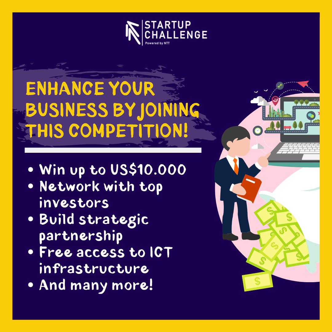 ntt_sc's tweet photo. Still in doubt about whether to join NTT Startup Challenge? Well, in fact, you can even enhance your business by joining our competition. Doubt no more! Don’t miss the chance to win a total of US $10,000 award via pitching in front of famous investors, VCs, and businesses, etc. https://t.co/B0p4DSifgq